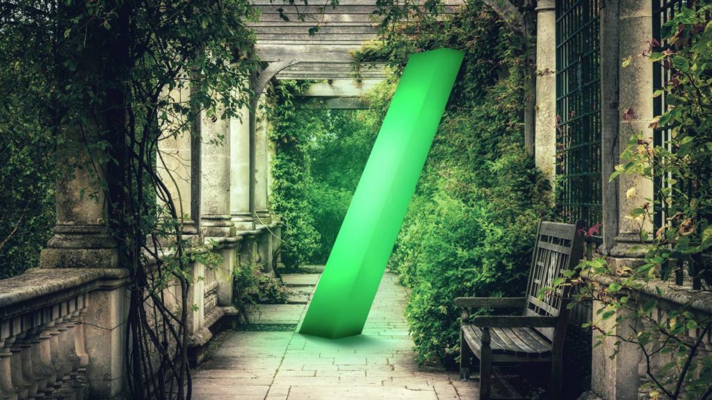 a pergola with greenery and park bench, with illuminated green slash in centre